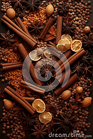 Christmas spices, fruit pieces, baubles, seeds and leaves abstract background. Stock Photo