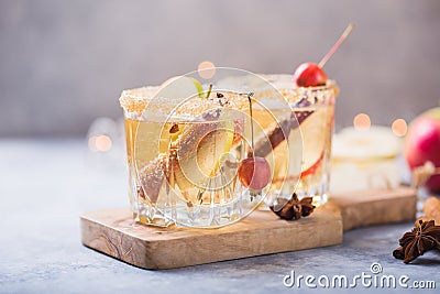 Christmas Spicy Apple Cider or punch beverage. Seasonal mulled Traditional autumn, winter drinks and cocktails with apple, Stock Photo