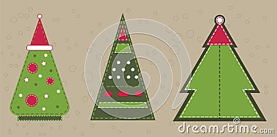 Christmas spruce in red hat. Stickers with stitching imitation. Vector Illustration