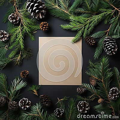 Christmas square card note between fir branches and pine cones on dark green background. Creative Xmas or New Year table layout. Stock Photo