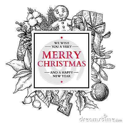 Christmas square frame. Vector hand drawn illustration Vector Illustration