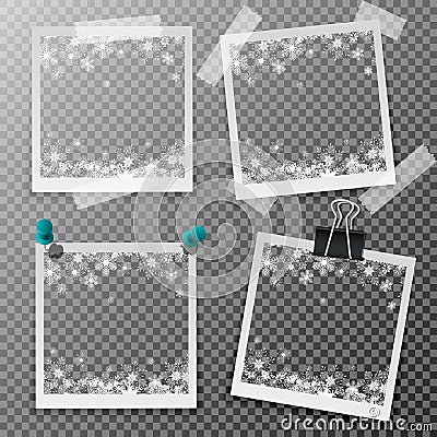 Christmas square photo frame with snow and shadow on transparent background. Photograph empty blank holiday celebration template. Stock Photo