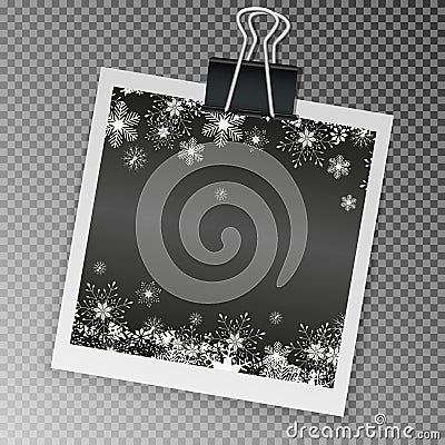 Christmas square photo frame with snow and shadow on transparent background. Photograph empty blank holiday celebration template. Stock Photo