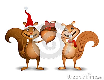 Christmas Squirrels Acorn Cartoon Illustration