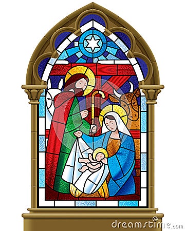 Christmas stained glass window in gothic frame Vector Illustration