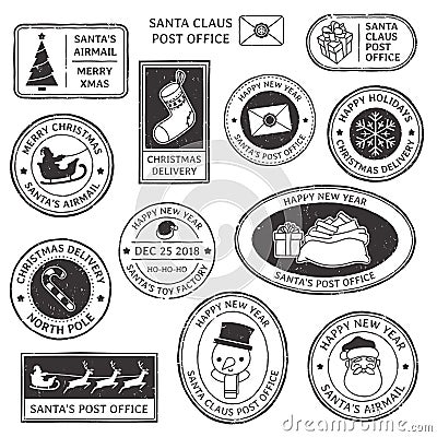 Christmas stamp. Vintage Santa Claus postmark, north pole mail cachet and snowflake symbol on stamps vector illustration Vector Illustration