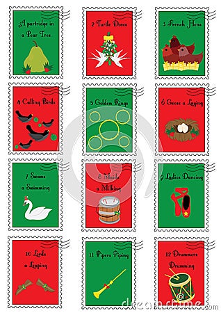 12 Christmas stamps with the twelve days of Christmas Stock Photo
