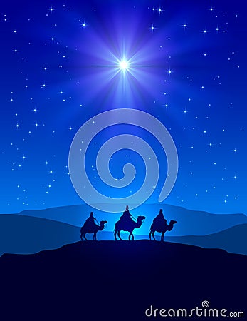 Christmas star on blue sky and three wise men Vector Illustration