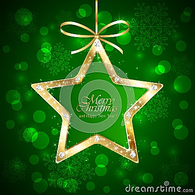 Christmas star with diamonds on green background Vector Illustration