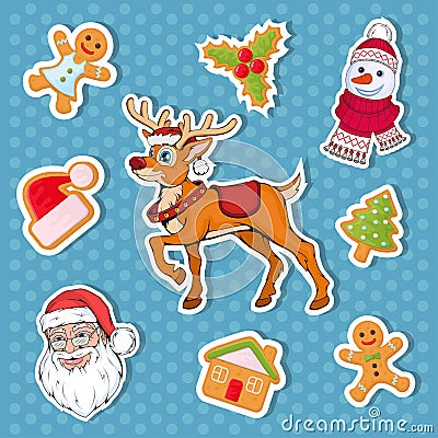 Christmas sticker. Set of different sticker for christmas. New Year. Different new year characters. Colorful cartoon sticker. Vector Illustration