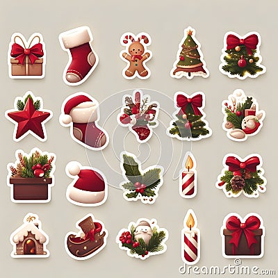 Christmas stickers bundle (Christmas stockings, christmas tree, cookies,...). Cartoon Illustration