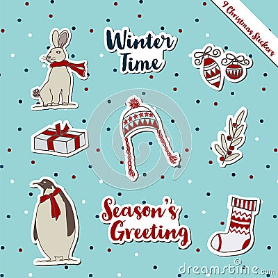 Christmas stickers-bunny-penguin warm wish gifts theme Vector Illustration