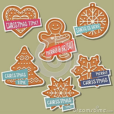 Christmas stickers collection with Christmas gingerbread and wis Vector Illustration