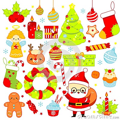 Christmas stickers, icons. Cute Santa, spruce, deer and other New Year holiday symbols in kawaii style. Big collection of isolated Vector Illustration