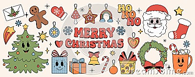 Christmas stickers. Retro santa cute character, cool merry xmas tree and vintage funny gifts. Gingerbread hot beverage Vector Illustration