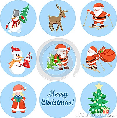 Christmas stickers Santa Claus, snowman, deer, Christmas tree, little girl Vector Illustration