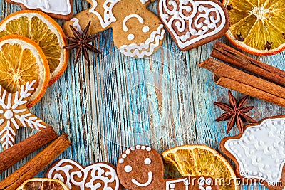 Christmas still life background with gingerbread cookies in decoration frame from festive ingredients Stock Photo