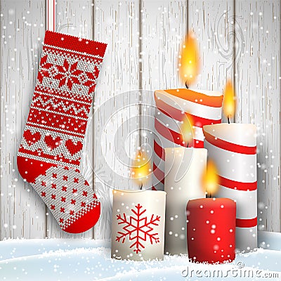 Christmas still-life with five candles and stocking Vector Illustration