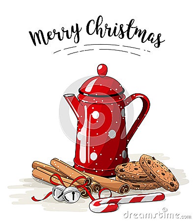 Christmas still-life, red tea pot, brown cookies, cinnamon sticks and jingle bells on white background, illustration Vector Illustration