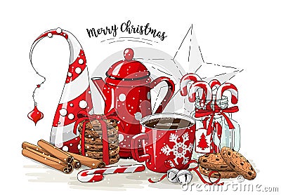 Christmas still-life, red tea pot, coolies, abstract christmas tree, glass jar with candy canes, cinnamon sticks, cup of Vector Illustration