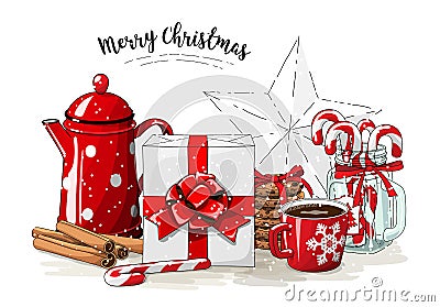 Christmas still-life, white gift box wit red ribbon, red tea pot, cookies, glass jar with candy canes, cinnamon sticks Vector Illustration