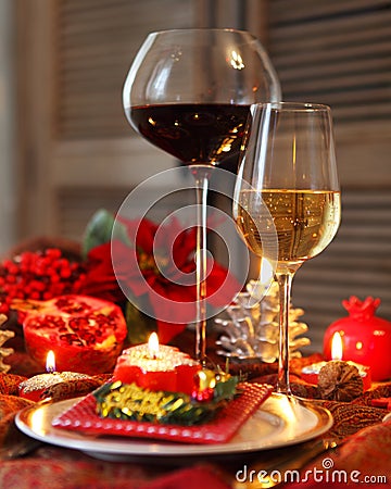 Christmas still life with white and red wine Stock Photo