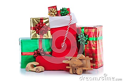 Christmas stocking with gifts wrapped presents Stock Photo