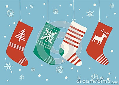 Christmas stockings background. Christmas socks hanging. Cartoon vector hand drawn eps 10 illustration isolated on white Vector Illustration