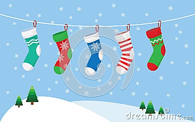 Christmas stockings for presents, hanging on a rope. Vector Illustration