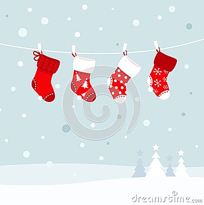 Christmas stockings in winter nature. Vector Illustration