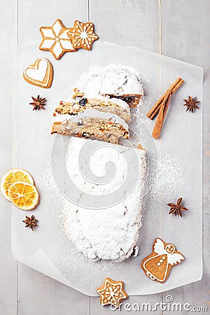 Christmas stollen on grey table Stock Photo