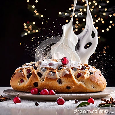 Christmas stollen, traditional holiday festive sweet bread pastry cake with fruits Stock Photo