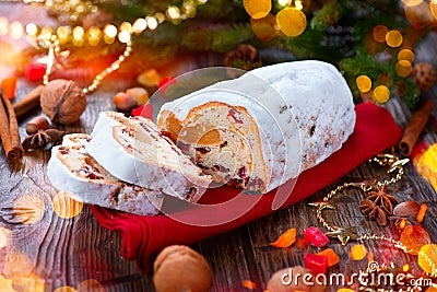 Christmas stollen. Traditional sweet fruit loaf Stock Photo