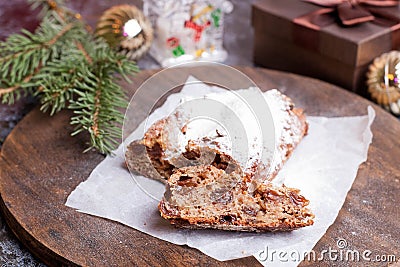 Christmas Stollen on a wooden board Stock Photo