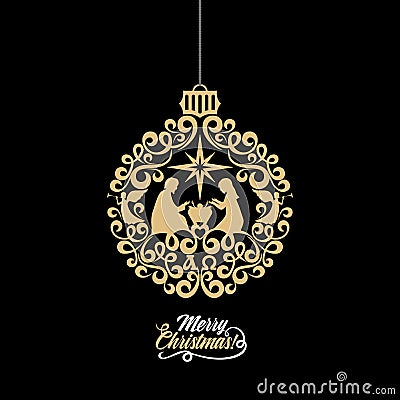 Christmas story. Mary and Joseph with the baby Jesus. Angels herald good news. Stylized Christmas ball Vector Illustration