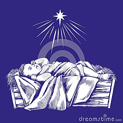 Christmas story. Christmas night , baby Jesus in the manger, Son of God , symbol of Christianity hand drawn vector Vector Illustration