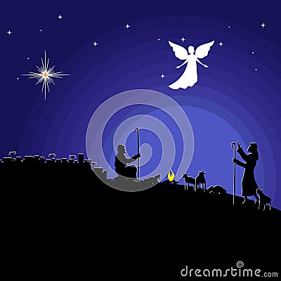Christmas story. Night Bethlehem. An angel appeared to the shepherds to tell about the birth of the Savior Jesus into the world Vector Illustration