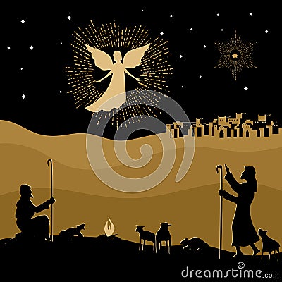 Christmas story. Night Bethlehem. An angel appeared to the shepherds to tell about the birth of the Savior Jesus into the world Vector Illustration