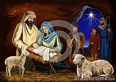 Christmas story. Christmas night, Mary, Joseph and the baby Jesus, Son of God , symbol of Christianity art illustration Cartoon Illustration