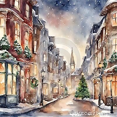 Christmas street, Ornamental watercolor, clipart - 1 Stock Photo
