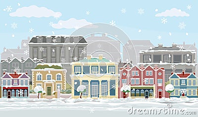 Christmas Snow Houses and Shops Street Scene Vector Illustration