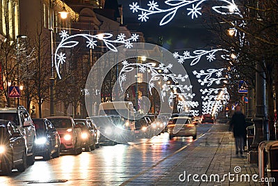 Christmas street traffic in Vilnius old Town Editorial Stock Photo