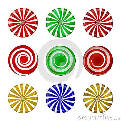 Christmas striped candy set. Spiral sweet mint goody with stripes. Vector illustration on a white background. Vector Illustration