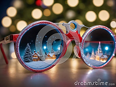 Christmas Sunglasses With A Christmas Scene In The Lenses. Generative AI Stock Photo