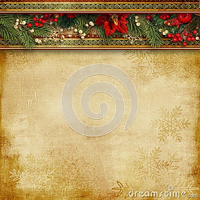 Christmas superb background with holly, poinsettia and firtree Stock Photo