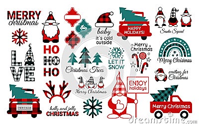 Christmas SVG bundle. Happy New Year. Buffalo plaid snowflakes. Christmas gnomes. Santa Claus squad. Arabesque tile Vector Illustration
