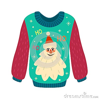 Christmas sweater with ugly print. Woolen jumper with Santa Claus pattern, pullover stylish winter holiday season design Vector Illustration