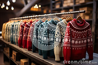 Christmas sweaters hang on a hanger in a store Stock Photo