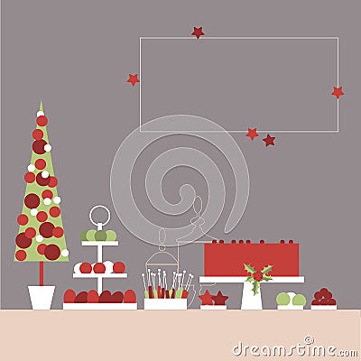 Christmas sweet table with cake and sweets. Candy Buffet. Vector Vector Illustration