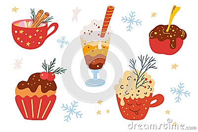 Christmas sweets collection. Cozy mugs, cacao with whipped cream, coffee, traditional Christmas cake. Greeting card for New year Vector Illustration